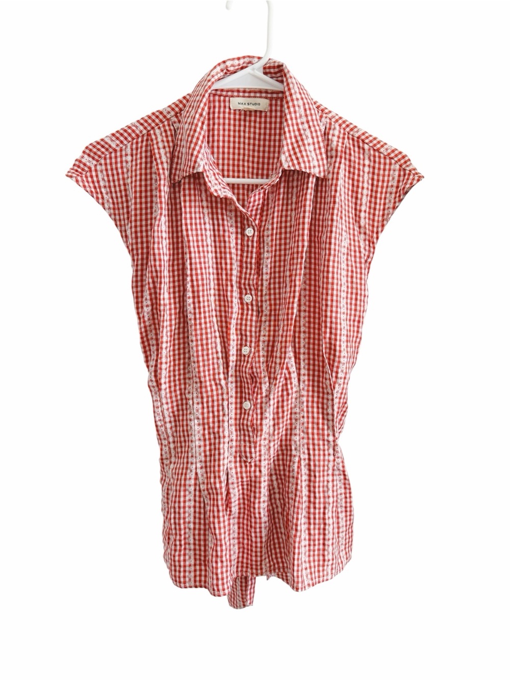 Max Studio Red Gingham Cap Sleeve Button-Down Top